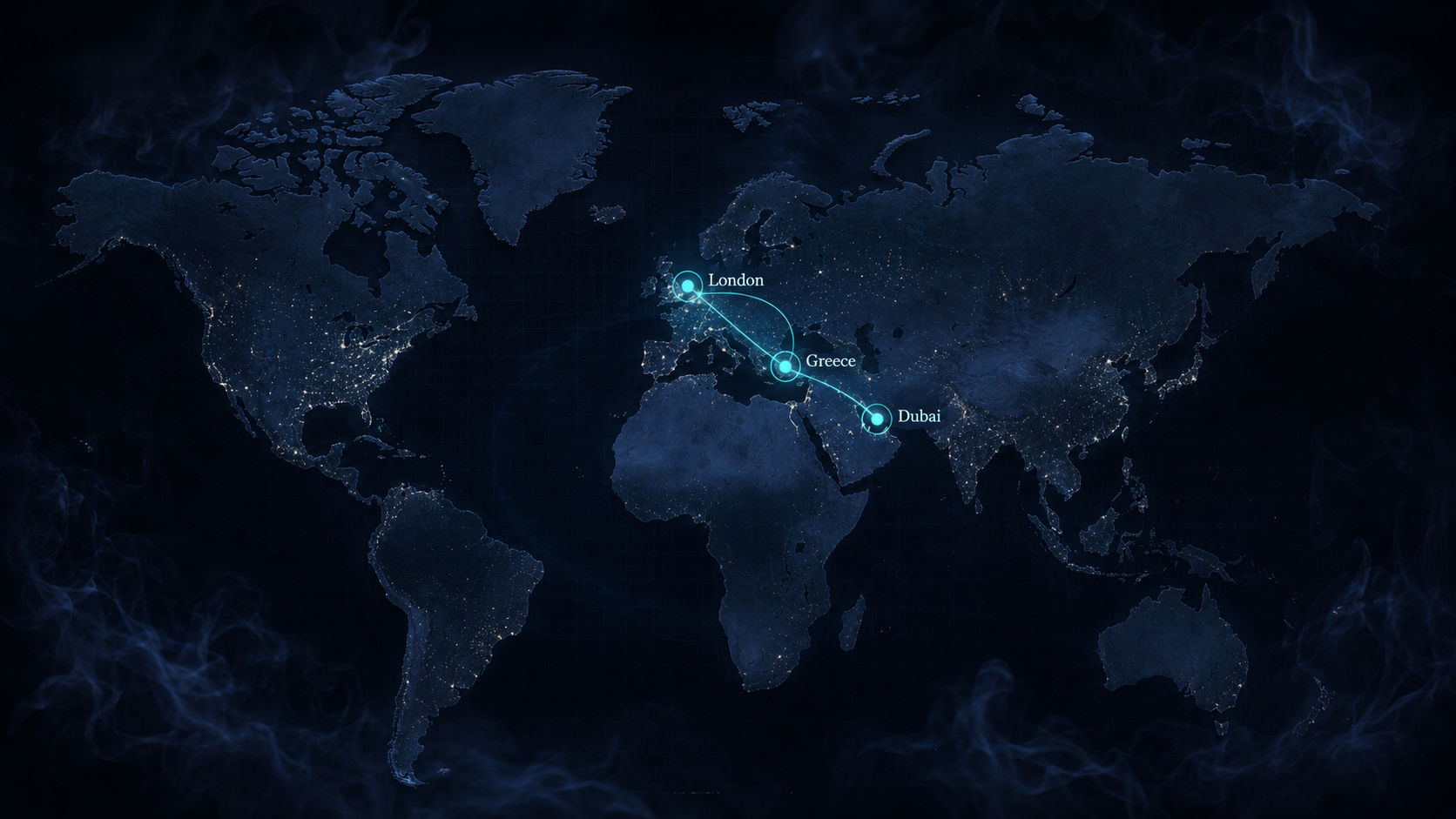 World map showing London, Dubai and Greece